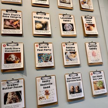 Sarah’s Handmade Ice Cream flavor wall showing written flavor names paired with photographs of each scoop